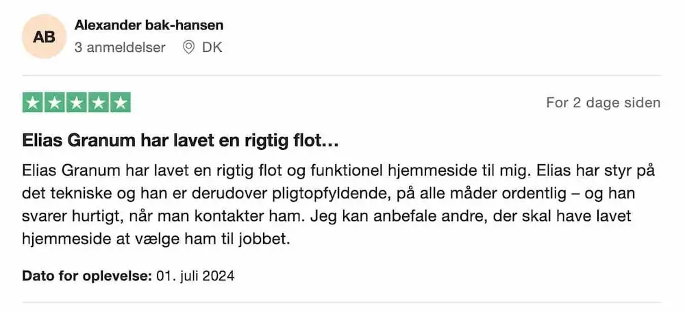 5 stjernet TrustPilot anmeldelse af Alexander Bak-Hansen