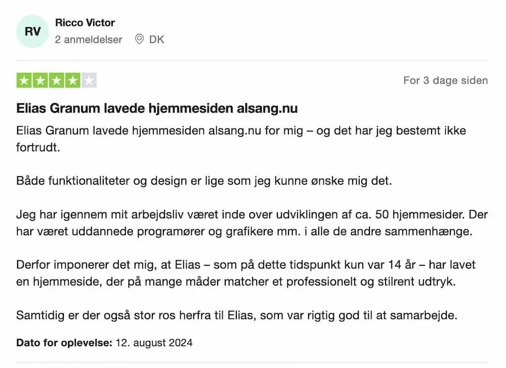 4 stjernet TrustPilot anmeldelse af Ricco Victor