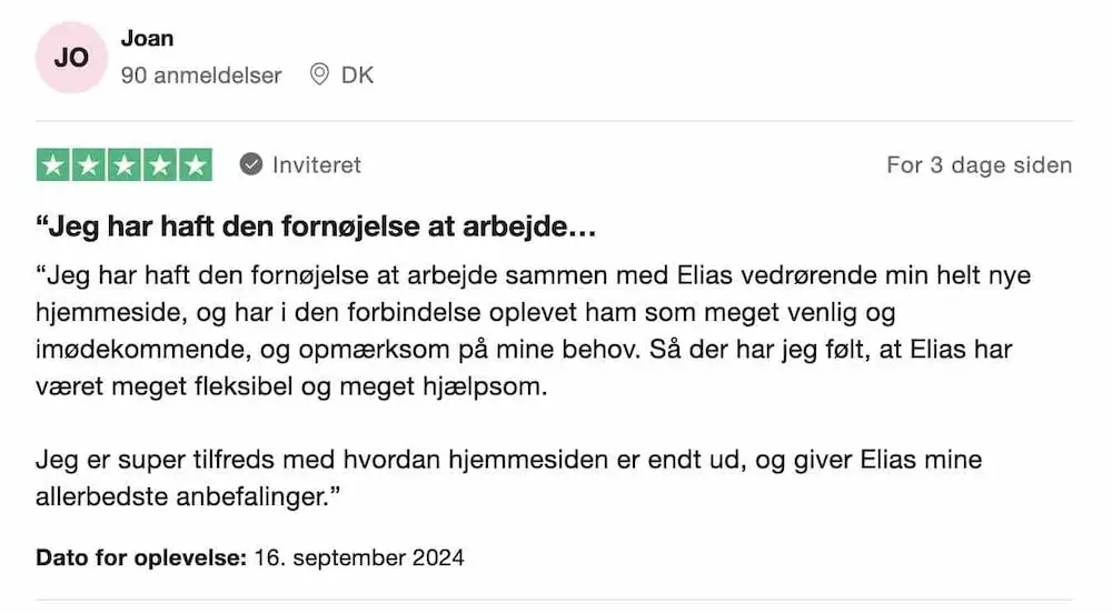 5 stjernet TrustPilot anmeldelse af Joan Borup