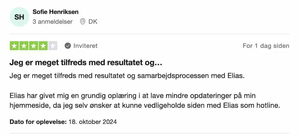 4 stjernet TrustPilot anmeldelse af Sofie Henriksen.