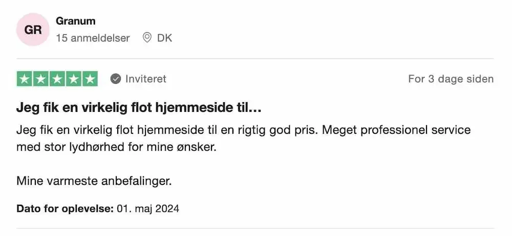 5 stjernet TrustPilot anmeldelse af Mads Granum.