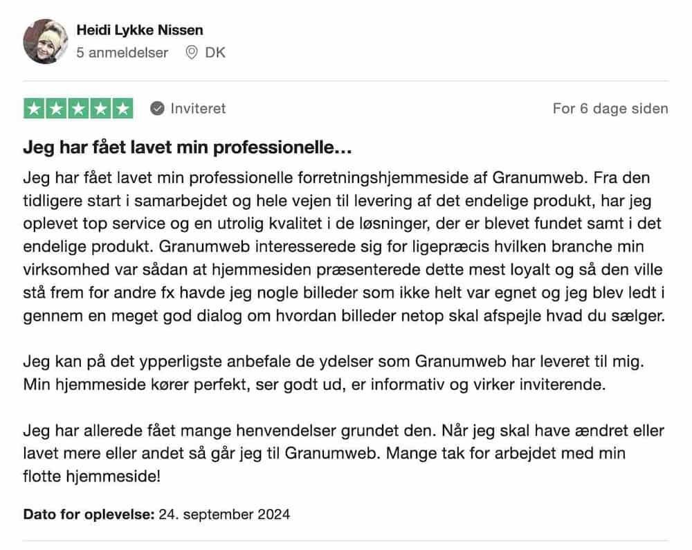 5 stjernet TrustPilot anmeldelse af Heidi Lykke Nissen.